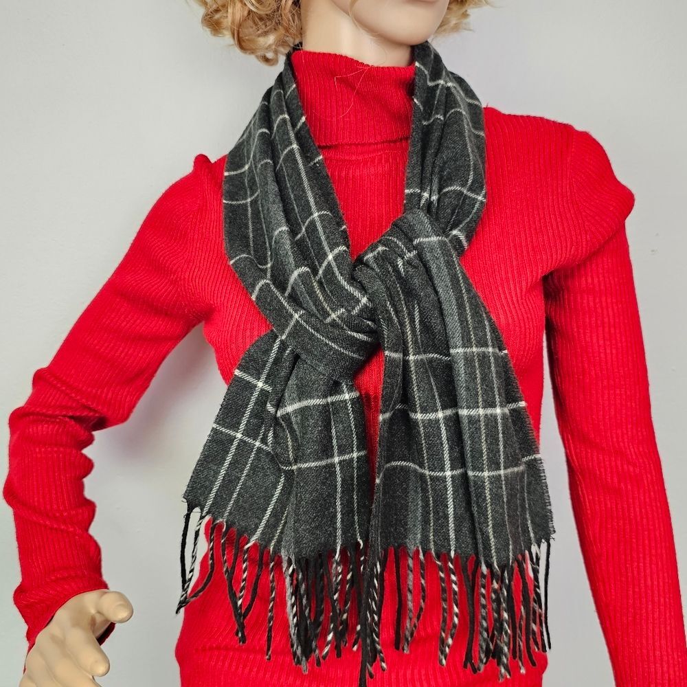 Cashmink by V. Fraas Scarf Black, Gray, White Plaid Fringed 52"L X 11"W